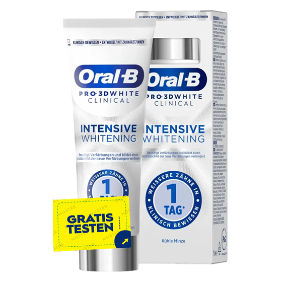 Oral-B Aktionspackung mit gelbem Gratis-Testen-Aufkleber auf der Vorderseite